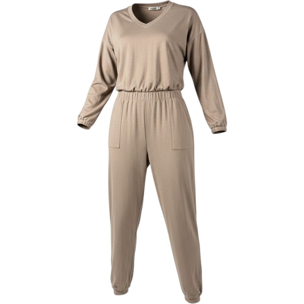 Three Bird Nest Jumpsuit Womens Large Tan V-Neck Long Sleeve Knit MJ5699 NWT